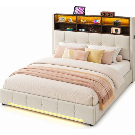 Doppelbett mit Stauraum, 6 Fächern, Seitentaschen, USB-C und Dimmbarer LED 180 x 200 cm, Ohne Matratze (1/5)