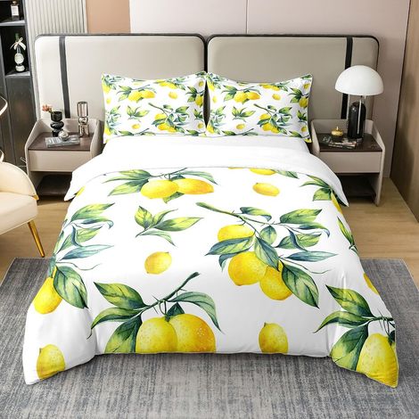 Parure de lit 100 % coton avec housse de couette de 220 x 240 cm - Motif citron botanique - Fruits tropicaux décoratifs - Pour chambre à coucher - Jaune et vert (1/5)