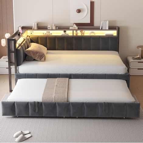 Polsterbett Schlafsofa 90x200cm Mit Ausziehbett LED-Beleuchtung und Ablagefächern am Kopf- und Fußende, Ausgestattet mit USB- und Typ-C-Anschlüssen. Samtstoff Dunkelgrau, Alte LDU00449AAE (1/5)