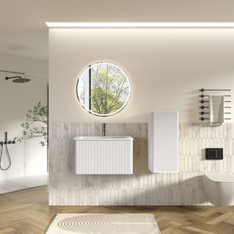 Ensemble meuble salle de bain suspendu 60cm avec vasque en pierre artificielle-colonne latérale-façades rainurées-MDF-Blanc (1/5)