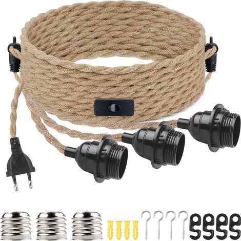 1 Douille E27, Câble Chanvre 9,36m, Interrupteur, Prise UE, Kit Suspension DIY (1/5)