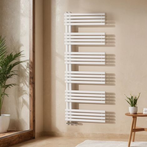 EMKE Handtuchheizkörper 153 × 60 cm mit Seitenanschluss Weiß Badheizkörper Handtuchhalter Handtuchwärmer 1075W