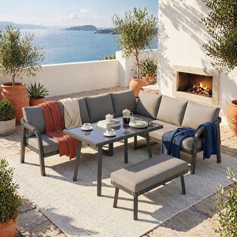Salotto da giardino angolare 8 posti con tavolino in vetro e panca, grigio, REDOM (1/5)