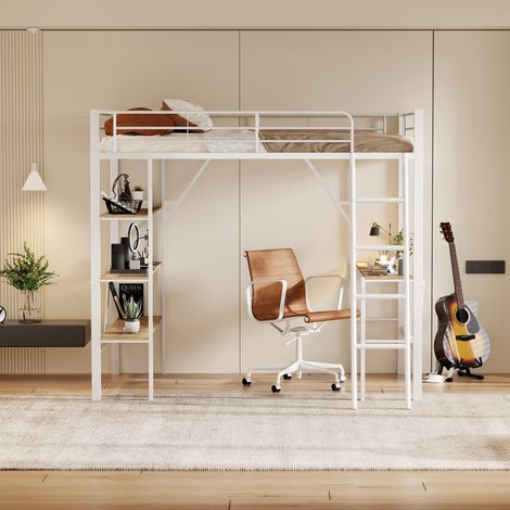 Lit mezzanine 90x200 avec bureau et étagères - métal - charge 120kg - gain de place - blanc (1/5)