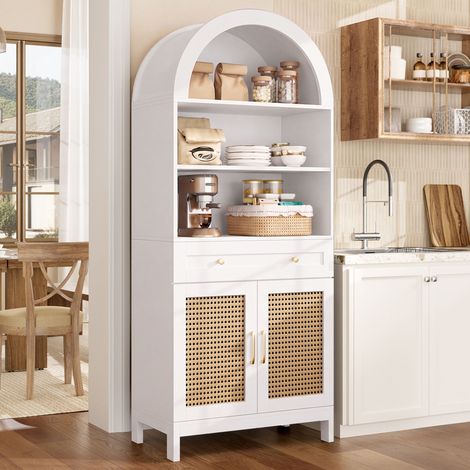 Buffet haut arqué 70x40x170 cm avec 2 portes effet rotin, 3 niches ouvertes, 1 tiroir, anti-basculement, buffet entrée - Blanc et bois naturel (1/5)