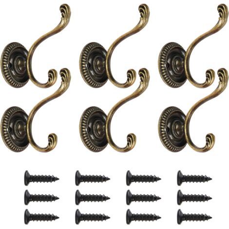 QORVA-Lot de 6 patères doubles vintage, crochets muraux robustes, crochets pour vêtements, crochets de chambre principale, crochets de porte décoratifs avec vis pour cuisine de salle de bain, bronze