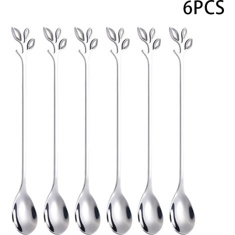(Ensemble de 6 pièces en argent) Cuillère à thé en forme de feuille, fourchette à thé, couverts à long manche en acier inoxydable, cuillère à glaçons, fourchette longue, cuillère à dessert, fourchette (1/5)