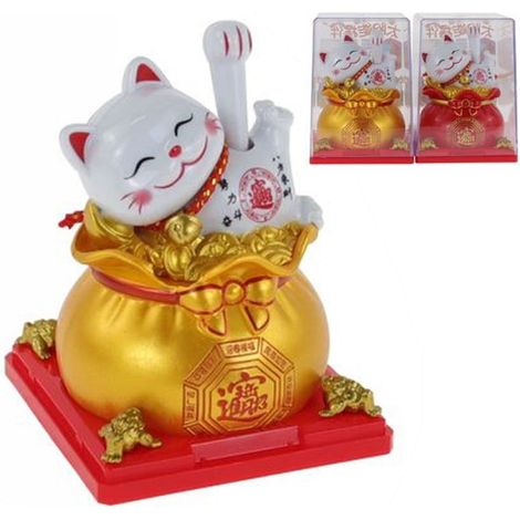 TrAdE Shop Traesio - Gatto Portafortuna Maneki Neko Solare Sventola Zampa Sopra Sacco D'oro 7,5x8x10,5cm 73776 - (1/2)