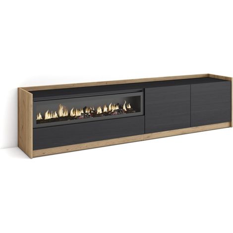 Skraut Home - Mueble TV, Televisión, 207x37x50cm, Para TV hasta 80", Chimenea eléctrica, Negro y roble (1/5)