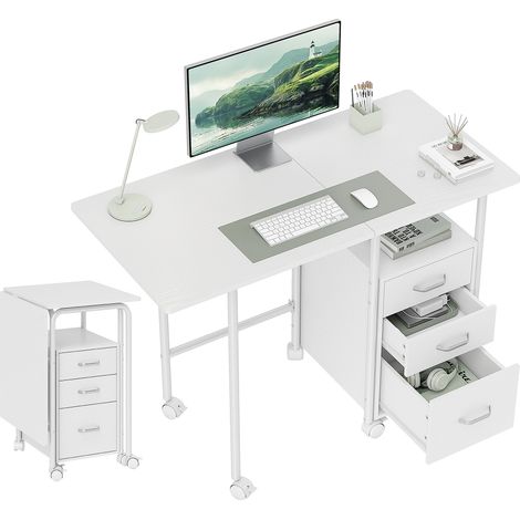 Klappbarer Computertisch auf Rollen, Schreibtisch mit Stauraum, 3 Schubladen, ausziehbare Tischplatte, 105 x 51 x 75,5 cm, weiß