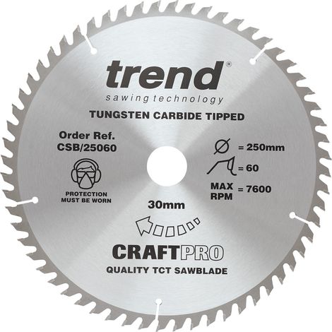 TREND Lama per sega CraftPro TCT a taglio incrociato per seghe circolari e da banco, diametro 250 mm x 60 denti x 30 foro, punta in carburo di tungsteno, CSB/25060 (1/2)