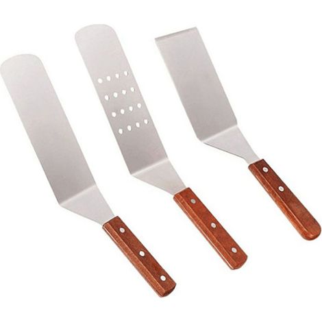 Kit d'accessoires professionnels pour plancha (3 pièces) : spatule en acier inoxydable avec manche en bois, idéale pour la cuisson sur plaque, le camping et les grils teppanyaki. (1/5)