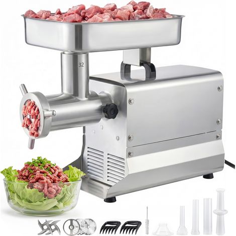 VEVOR Fleischwolf, 9,5 kg/min Kapazität, 32 Elektrischer Fleischwolf mit 3 Lochscheiben, 3 Wurstfüllrohren, 1100 W, 2-in-1 Küchenmaschine aus Edelstahl für private Küchen & Restaurants (1/5)