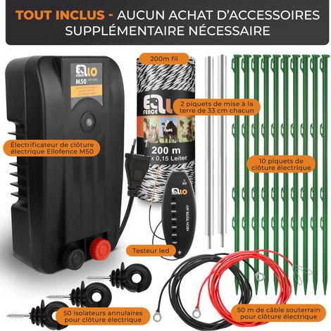 Kit Complet clôture électrique avec 200 m de Fil - Inclut testeur LED, Appareil Secteur, piquets de clôture, Mise à la Terre & Autres Accessoires - Idéal pour Petits Animaux, Chiens & Chats (1/4)