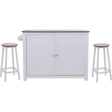 Isola cucina HHG-683 con 2 sgabelli, credenza con sportelli con ripiani MDF 90x120x45 cm, bianco, legno chiaro