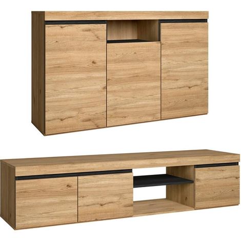 Skraut Home - Set Naturale Wohnzimmer Esszimmer, Beistellmöbel, Buffet-TV-Schrank 160cm Eiche schwarz nordische (1/4)