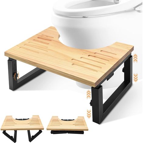 Tabouret de Toilette Pliable en Bois, Marche Pied Toilette Réglable en Hauteur, Portable avec Coussinets Antidérapant, Tabouret WC pour Adultes Enfants, Aide aux Selles pour Position Squatty (1/5)