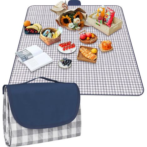 Couverture de Pique-Nique Tapis Portable Pliant 150 x 200 cm, Poignée de Transport, Tapis de plage, Pour Randonnée, Voyage, Extérieur, Version épaissie (Motif à carreaux bleu marine) (1/5)