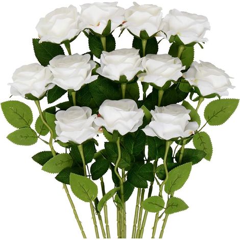 12 pièces Fleurs de Roses artificielles, Roses en Soie Tige Unique réaliste Faux Bouquet de Rose pour Mariage Douche Nuptiale décorations de Jardin à la Maison (Blanc) (1/4)