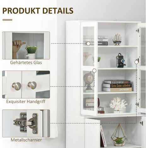 Armoire Bibliothèque 178,5 cm, Vitrine avec Porte Vitrée, 6 Compartiments, Meuble Rangement pour Salon Cuisine, Blanc (1/5)