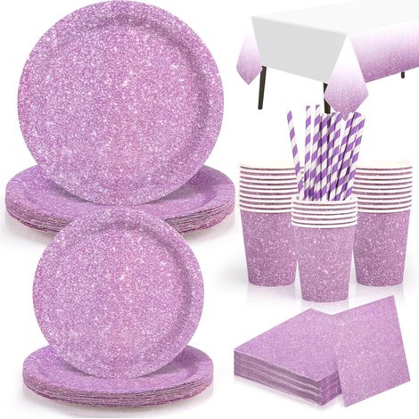 Vaisselle Jetable Violet Paillettes - 16 Invités - Papier Écologique - Assiettes Gobelets Serviettes - Mariage Anniversaire (1/5)