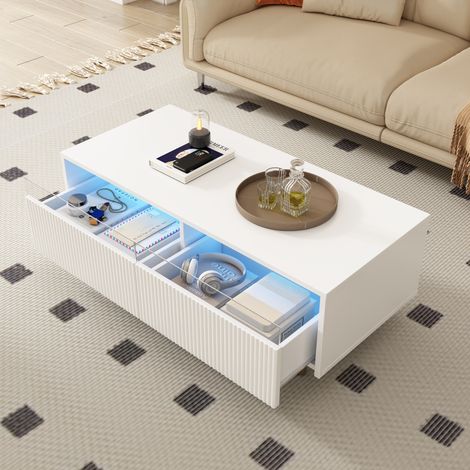 Mesa de centro 110x50x40cm con Iluminación LED MDF con 2 cajones superficie ondulada patas madera color blanco (1/5)