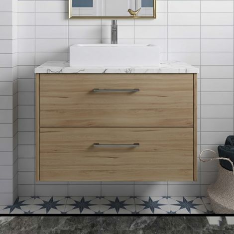 Hudson Reed Juno Wall Hung 2-Drawer Vanity Unit with Carrera Marble Worktop 800mm Wide - Autumn Oak (1/4)