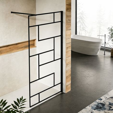 Paroi de douche sérigraphiée 80x200 cm en verre anticalcaire 8 mm avec barre de renfort 90 cm – Noir mat (1/5)