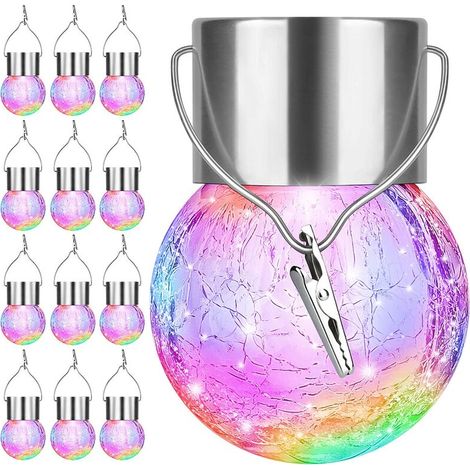 Lot de 12 lampes solaires suspendues pour l'extérieur - Lampes solaires décoratives à LED étanches en verre fissuré avec crochet pour la décoration de vacances de jardin, multicolore (1/4)