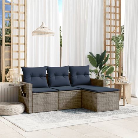 Ensemble canapé de jardin modulable 4 pièces en rotin PE gris avec coussins bleu marine - PANGIVO (1/5)