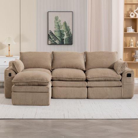 Modulares 3-Sitzer-Sofa 263x167x85 cm Khaki aus Cord mit Hocker, Kissen und Seitentaschen (1/5)