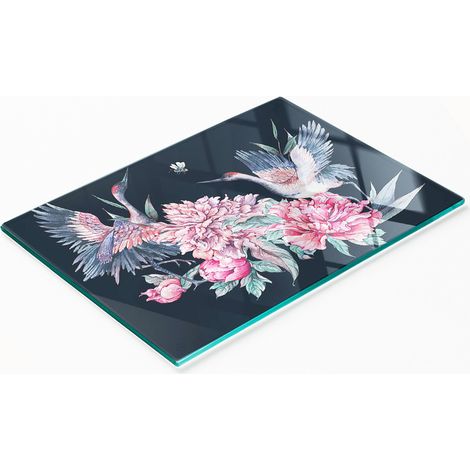 Planche à découper décorative en verre pour la cuisine, motif grues et pivoines, 80 x 52 cm (1/5)