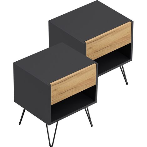 2er Set Nachttisch Dion 40cm SoftClose stehend Grafit und Eiche Front