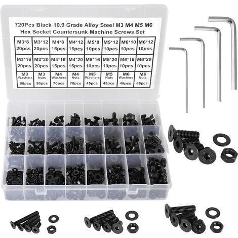 720 Pièces Vis à Tête Fraisée Hexagonale, Vis à Six Pans Creux, M3/M4/M5/M6, Vis à métaux Tête Plate en Acier allié de qualité 10,9 Noir, Boulons et écrous Rondelles Avec 4 Clés Hexagonales. (1/5)