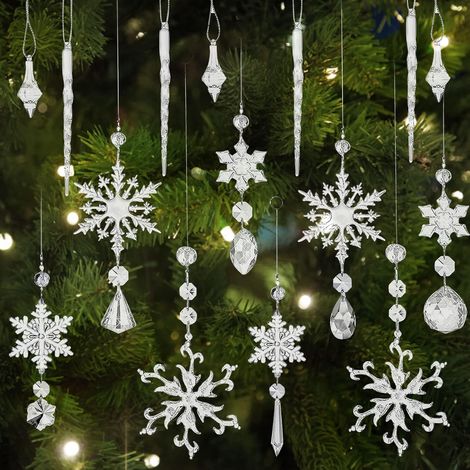 Decoración navideña de 16 piezas, copos de nieve de cristal acrílico con cristal K9, copo de nieve de carámbano de acrílico transparente, carámbanos navideños colgantes, adornos de copos de nieve, col (1/5)
