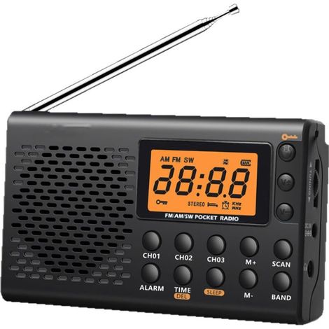 Radio Portable FM/AM/SW avec Horloge Alarme, Léger 120g, Écran LCD Grand Numérique (1/5)