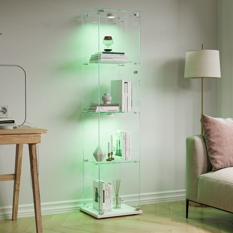 BSMGSGN-Vitrine LED, 39.8x35x163 cm Meuble en Verre Trempé 4 Étagères Amovibles Portant 10kg, 1 Porte avec Serrure pour Collection Figurines, Blanc (1/5)