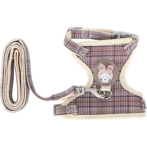 Harnais-gilet anti-perte pour chat avec laisse, sangle de harnais réglable pour animaux de compagnie, idéal pour les promenades (motif à carreaux couleur café, laisse de 1,5 cm/0,6 po de largeur (conv (1/5)