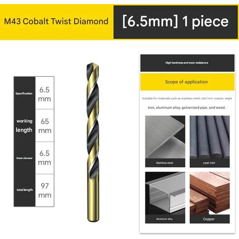 Foret hélicoïdal à tige droite en acier rapide cobalt, longueur de lame 65mm, longueur totale 97mm, pour perçage de haute précision (1/4)