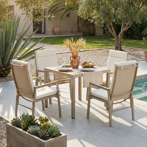 Ensemble repas jardin 4 personnes 1 table 4 chaises fer galvanisé plateau bois plastique couleur kaki beige dimensions 84x84x74,5cm (1/5)