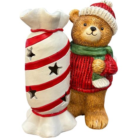Dekofigur Weihnachtsbär mit Bonbon 19 x 15 cm braun/rot