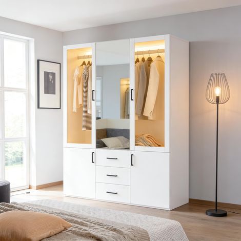 FOERPL-Armadio bianco con illuminazione a LED e specchio, armadio per camera da letto per adulti con 2 ante in vetro e 3 cassetti, armadio multifunzionale con asta appendiabiti mobile contenitore