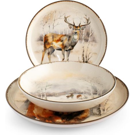 vaisselle 18 pièces Hood River, service de table de Noël, décor cerf, grès, lavable (1/5)