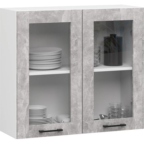 Vitrina de cocina colgante alta AKORD Blanco 80 cm 2 puertas frente en color Gris hormigón 80x30,5x72 cm (1/5)
