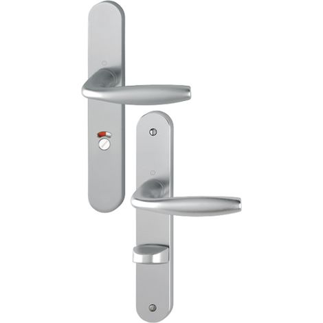 Ensemble de béquille New York - HOPPE AG - Aspect inox - Plaque 234 x 38 mm - entraxe de fixation 195 mm - Condamnation avec voyant libre-occupé