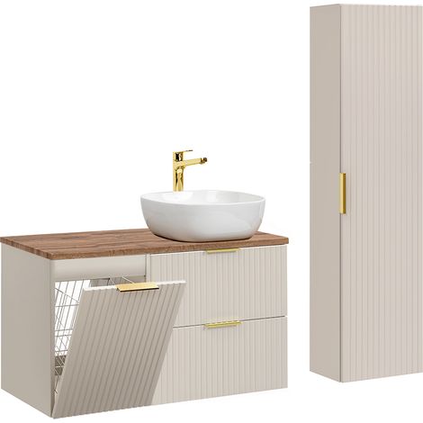 Conjunto mueble lavabo individual 100 cm cesto de ropa y columna Adriel Cachemira y Madera