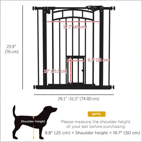 Porte pour animaux de compagnie noire à fermeture automatique avec double verrouillage, adaptée aux escaliers de couloir de 74 à 80 cm de hauteur, assurant la sécurité de votre animal. (1/5)
