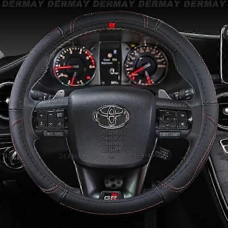 Housse de volant en cuir véritable pour Toyota Hilux Pickup (1968-2023), style sport, couleur : noir avec coutures rouges. (1/4)