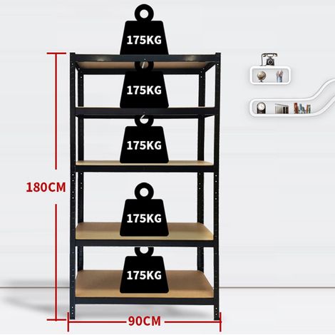 5 Tier Boltless Garage Shelving Units: 180x 90 x 40 cm, Heavy Duty Racking Storage Shelves, 175KG Per Layer, 875KG Capacity, For Shed, Warehouses, Kitchen, Office, Black, UK Store