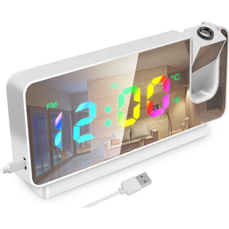Réveil projecteur de plafond, horloge numérique rotative à 180° avec affichage miroir de 7,8 pouces pour la température, la date et le calendrier